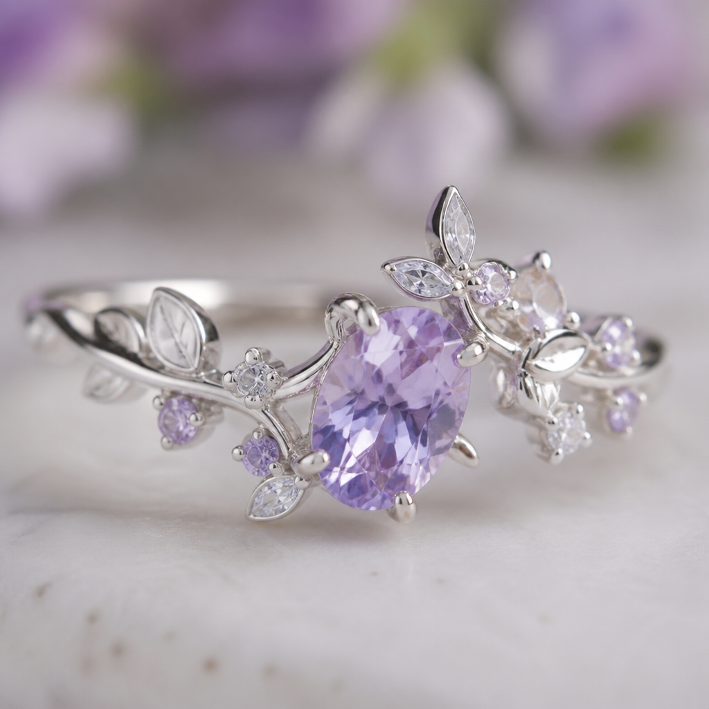 A nature-inspired women's ring made of silver with sapphire stones. el zafiro q se rosa lavanda claro ,q sea algo fresco, describa la primavera ,juvenil
photorealistic jewelry design, A nature-inspired women's ring made of silver with sapphire stones. el zafiro q se rosa lavanda claro ,q sea algo fresco, describa la primavera ,juvenil, nature_inspired style, just the design no text