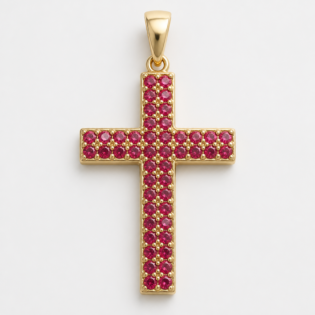 Gold cross with pavé rubies
photorealistic jewelry design, Gold cross with pavé rubies , just the design no text