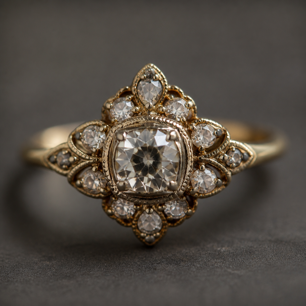 A vintage women's ring
photorealistic jewelry design, A vintage women's ring, vintage style, just the design no text
