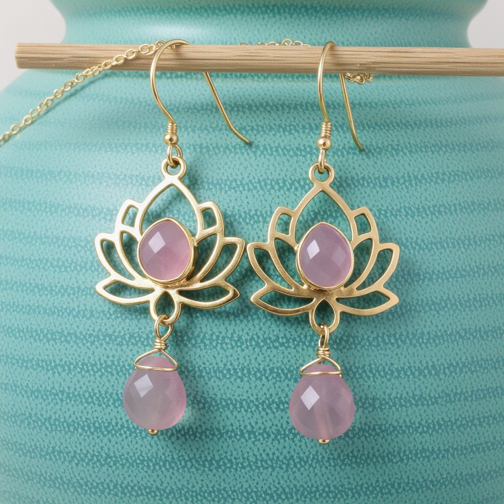 Светлое матовое золото. Серьги с лотосом на длинных цепочках. По центру лотоса камень необрабаботанного розового кварца, от лотоса идет цепочка с еще одним камнем кварца на конце. Серьги тонкие и легкие