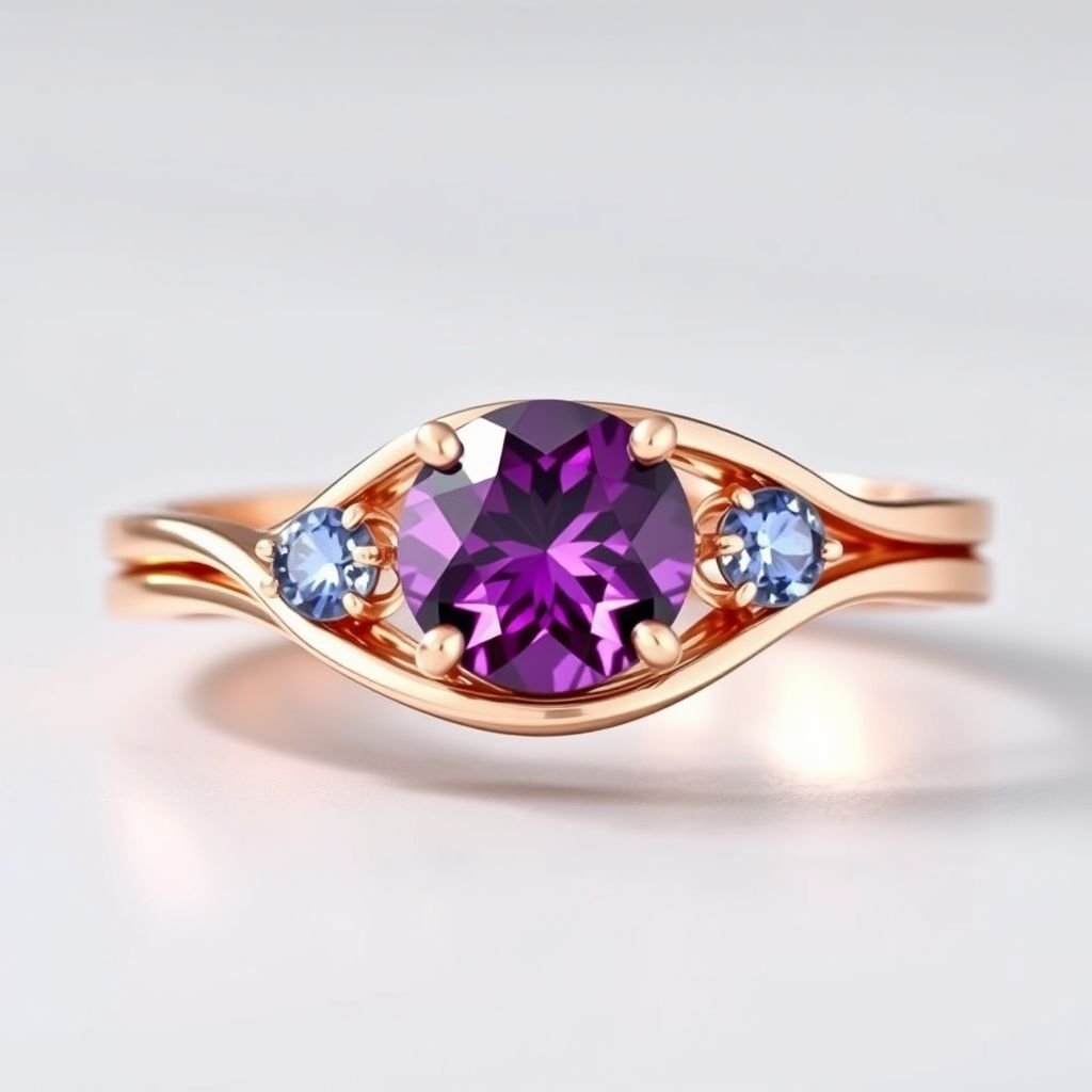 A simple, three stone rose gold engagement ring set with a circular alexandrite. Also set with a small half moon blue chalcedony on one side right next to it, and a small half moon moonstone set on the other side right next to it. On the inside of the band, it has an inscription reading, “Tuum. Et in hac vita et in altera.”