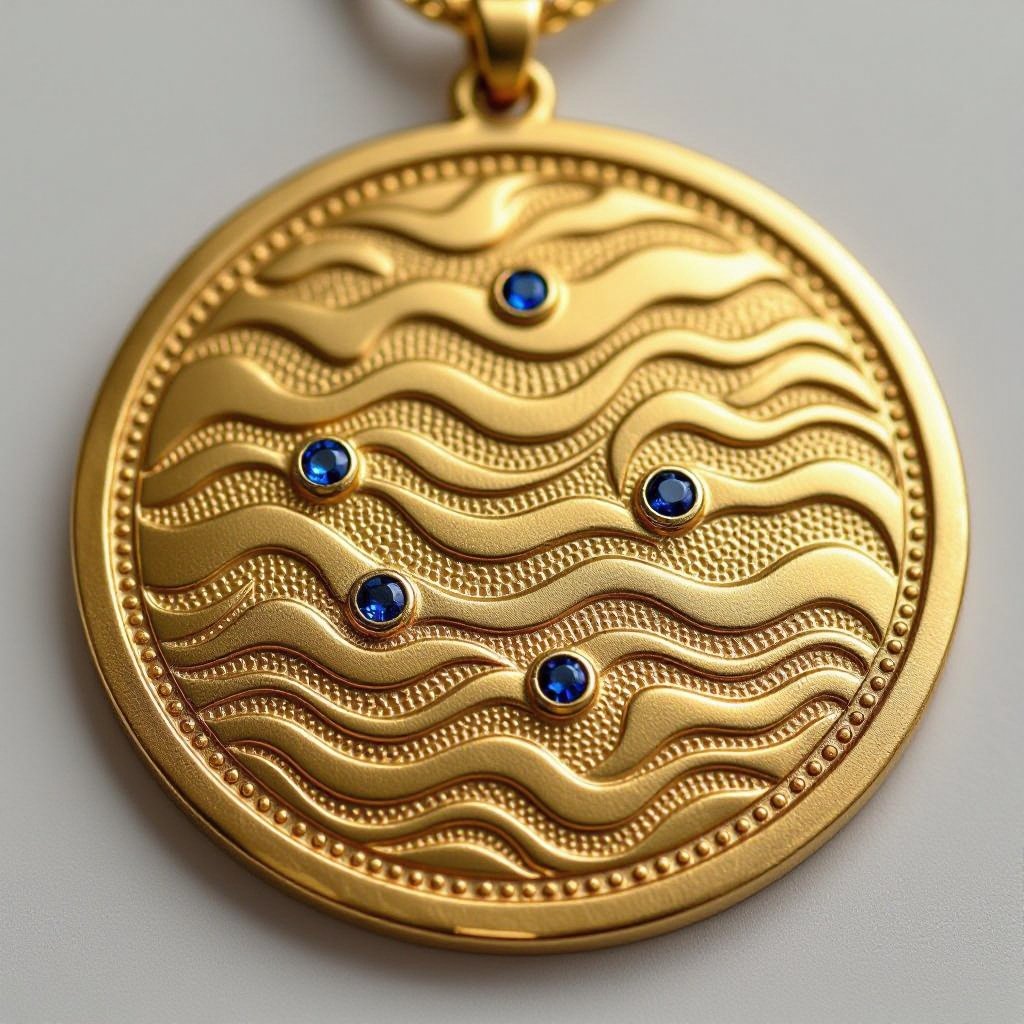 Золотой матовый медальон в форме неровного круга с неровными краями. По краям выпуклые точки сплошной линией. На круге разные волнистые узоры словно волны. Три миниатюрных голубых камушка хаотично расположены в круге