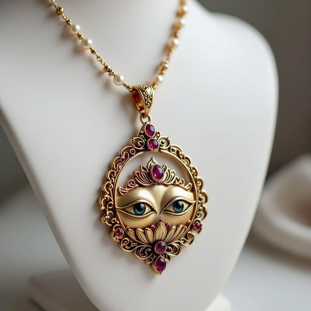Кулон на длинной цепочке. Матовое светлое золото. В цепочке небольшие золотые шарики и жемчуг. Кулон в виде двух глаз над ними лотос с маленьким красным камнем внутри узоры завитушки 