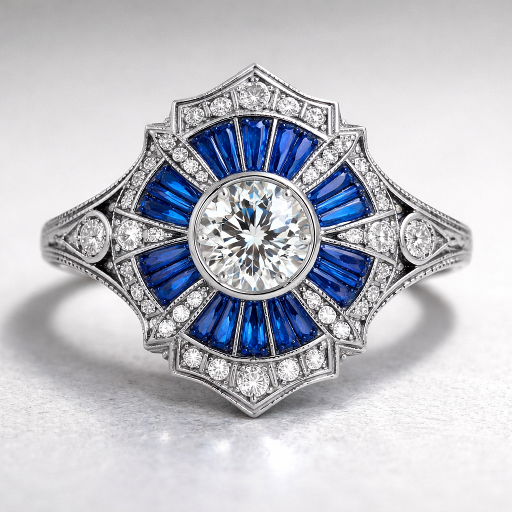 I want a blue ring with a shining diamond in the middle
I want a blue ring with a shining diamond in the middle, art_deco style