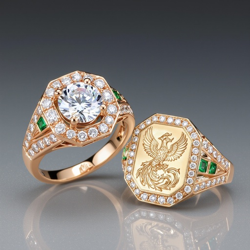 Geomatric rose  gold and A platinum signet ring with phoenix printed on it for women Design a luxurious platinum signet ring that embodies the elegance of Art Deco style, featuring a striking phoenix rendered in intricate geometric patterns. Emphasize bold lines and symmetry, with contrasting finishes for depth. Adorn the ring with brilliant-cut diamonds and emeralds, capturing the spirit of rebirth and timeless sophistication.