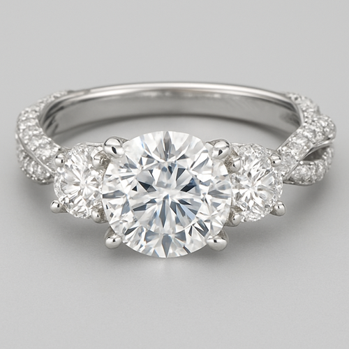 Elegant platinum 4 carat tw 3 stone ring pave twisted band