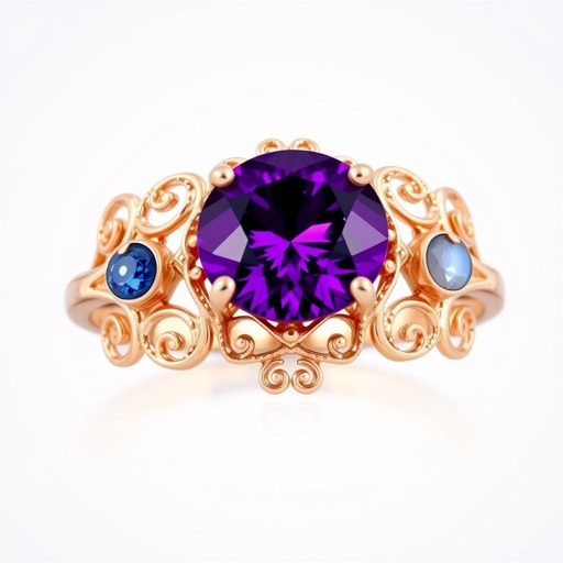 A simple, three stone 18 karat rose gold engagement ring set with a circular purple alexandrite. Also set with a small half moon cut blue chalcedony on one side right next to it, and a small half moon cut moonstone set on the other side right next to it. On the inside of the band, it has an inscription reading, “Tuum. Et in hac vita et in altera.”
