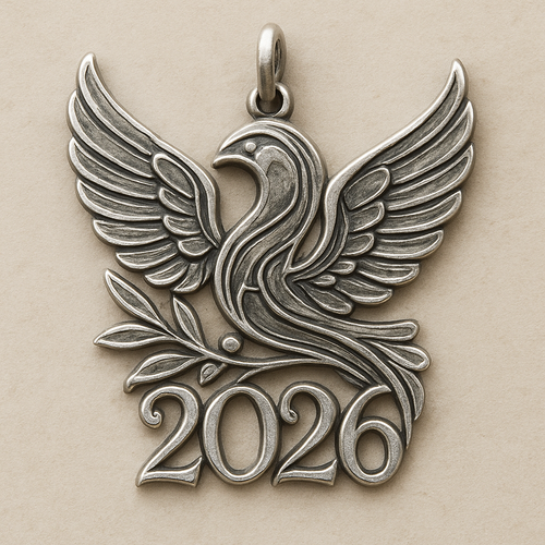 Slim Silver cut-out charm blending together only the two spread out wings of a bird, an olive branch and  along year 2026
