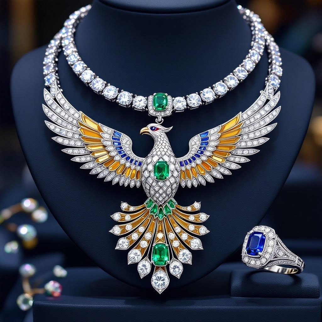 Necklace of phoenix printed on it for women Design a luxurious platinum signet ring that embodies the elegance of Art Deco style, featuring a striking phoenix rendered in intricate geometric patterns. Emphasize bold lines and symmetry, with contrasting finishes for depth. Adorn the ring with brilliant-cut diamonds and Blue Saphire Stone, capturing the spirit of rebirth and timeless sophistication. Platinum phoenix necklace with diamonds and emeralds.
