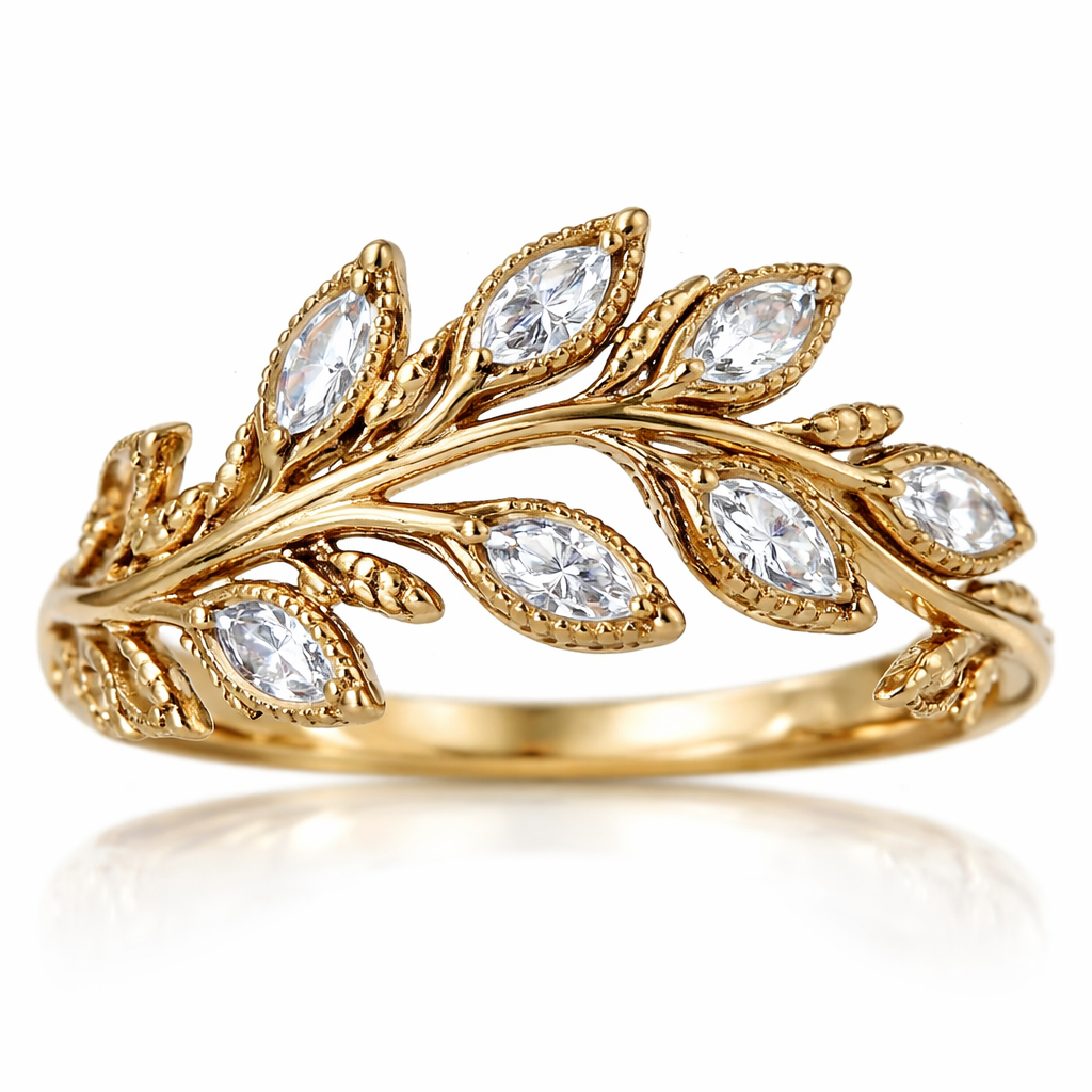 14K yellow gold olive branch ring with white sapphires as leaves