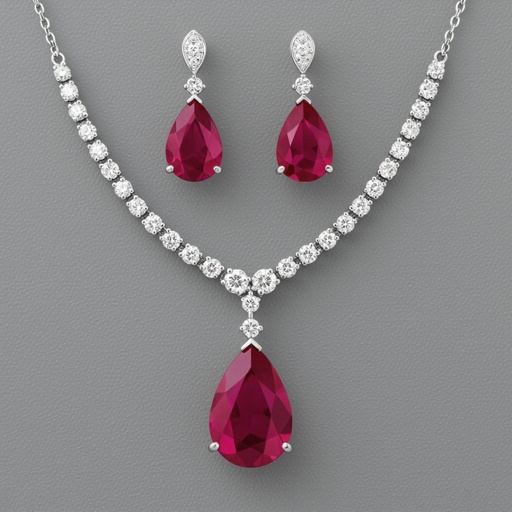 Ruby luxury necklace long pear drop style and luxury earring set Platinum necklace, ruby pear drops, diamond accents, prong setting. Matching platinum earrings, ruby pear drops, diamond accents, prong setting.
