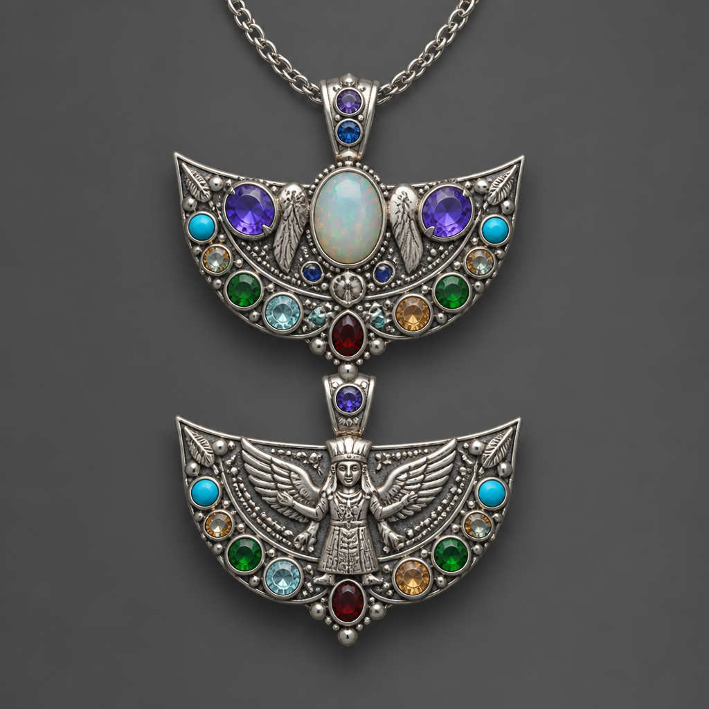 A romantic women's pendant made of silver with amethyst and opal and sapphire and emerald and garnet and aquamarine and topaz and turquoise stones suitable for daily wear. quiero un colgante de la civiñizacion sumeria desmontable en dos , para dos uso diferentes tipo amuleto
photorealistic jewelry design, A romantic women's pendant made of silver with amethyst and opal and sapphire and emerald and garnet and aquamarine and topaz and turquoise stones suitable for daily wear. quiero un colgante de la civiñizacion sumeria desmontable en dos , para dos uso diferentes tipo amuleto, romantic style, just the design no text