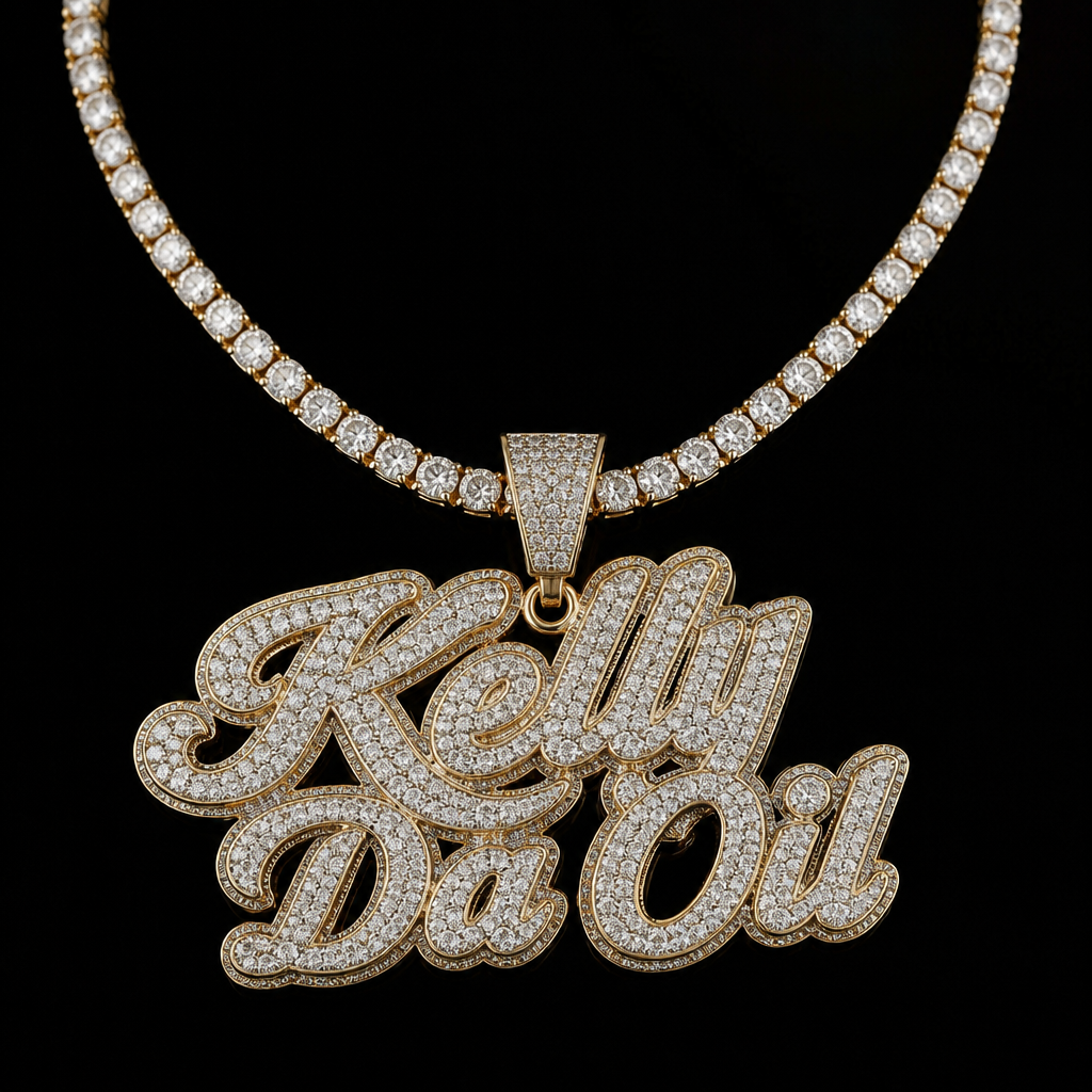 A women's necklace with diamond stones. make a hold and diamond chain saying "Kelly Da Oil" on it written in gold and diamonds with a Jhonny Dane type design
photorealistic jewelry design, A women's necklace with diamond stones. make a hold and diamond chain saying "Kelly Da Oil" on it written in gold and diamonds with a Jhonny Dane type design, modern style, just the design no text