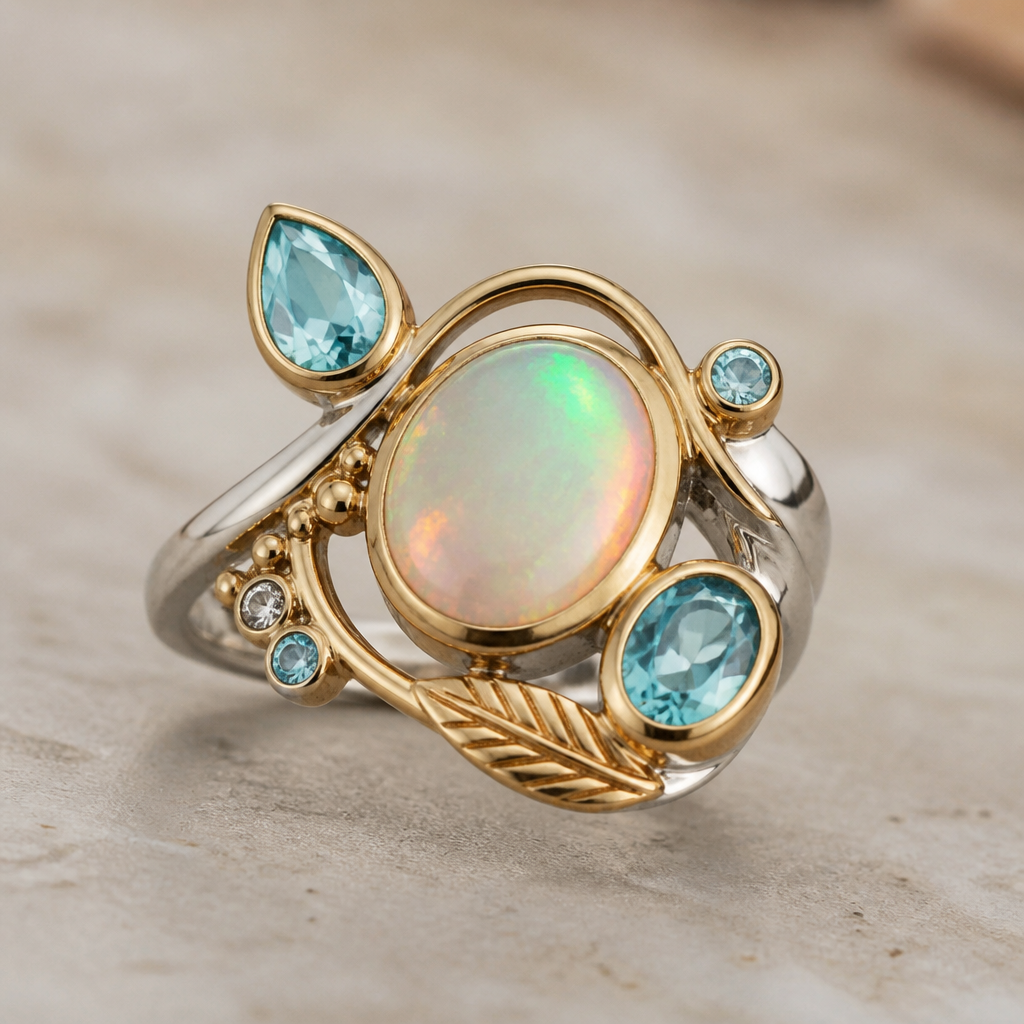 A modern women's ring made of mixed metal with opal and topaz and aquamarine stones suitable for festival. A modern women ring with little ornaments of modern motifs.
photorealistic jewelry design, A modern women's ring made of mixed metal with opal and topaz and aquamarine stones suitable for festival. A modern women ring with little ornaments of modern motifs., modern style, just the design no text