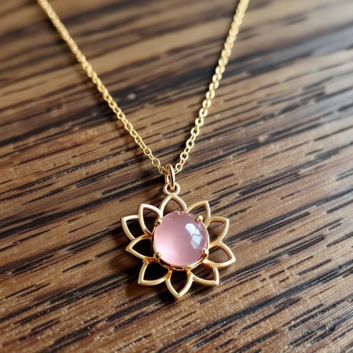 Золотая матовая цепочка. Подвеска лотос шесть лепестков. В сердце лотоса матовый розовый кварц 
