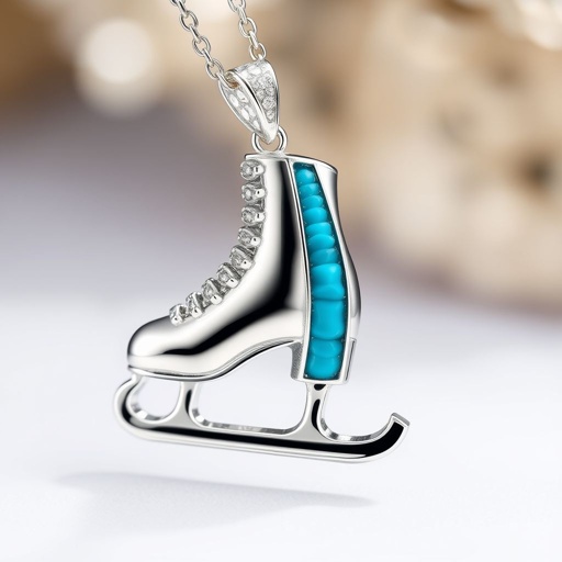 Silver Pendant shape one ice skate with turquoise stripe inside the low thin part blade