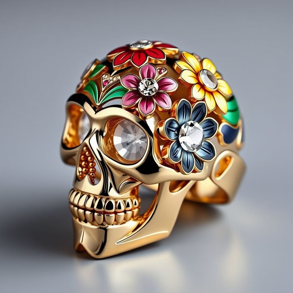 Sugar skull ring with white topaz accents set in flowers