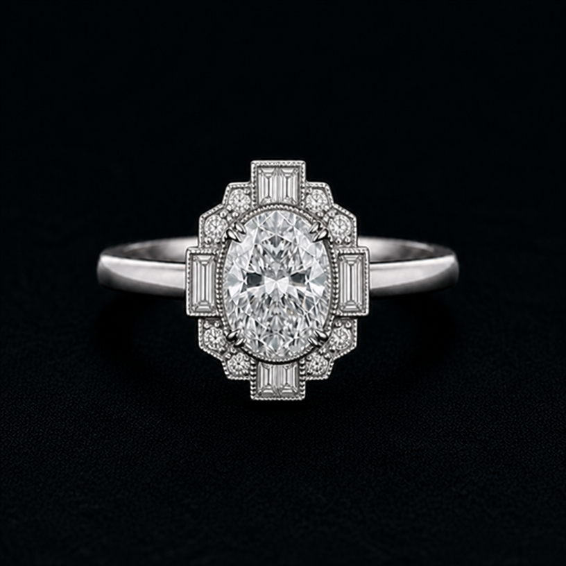 Change halo to more art deco shape
edit the attached jewelry design with these instructions: Change halo to more art deco shape. keep it photorealistic, just the design no text