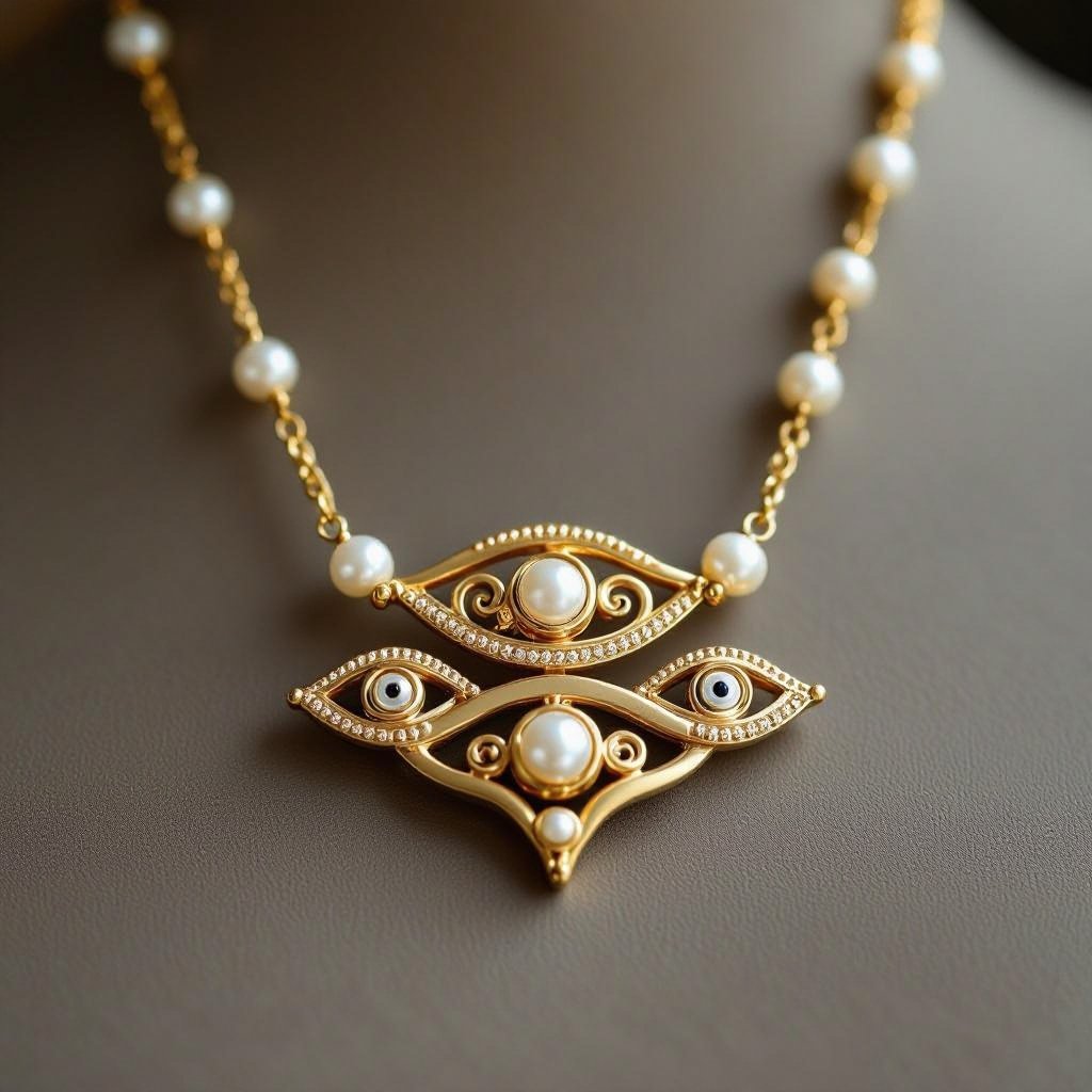 Кулон на длинной цепочке. Матовое светлое золото. В цепочке небольшие золотые шарики и жемчуг. Кулон в форме трех глаз, два горизонтально и один между ними сверху вертикально узоры завитушки 