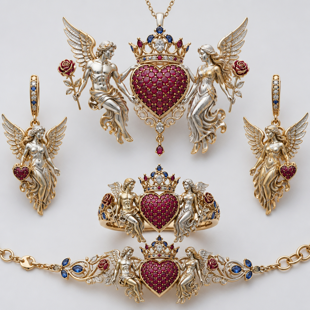 A nature women's ring made of mixed metal with diamond and ruby and sapphire stones suitable for wedding. An extraordinary excellent beautiful delicate and elegant set of jewelry with one ring, two ear rings, one pendant and one bracelet, with a heart in the middle which will be full of rubies, an extraordinary beautiful delicate and elegant female Angel with long hair at the right side of the heart and an extraordinary fit beautiful delicate and elegant male Angel at the left side of the heart, both Angels are to hold a heart with their right hand and a rose with their left hand, over the central heart is to be placed a beautiful, delicate elegant and extraordinary excellent crown with a diamond at the middle of the crown and around the crown to be placed rubies and sapphires the crown to be placed on the heart.