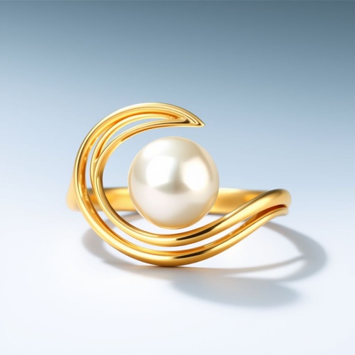 A golden ring with a pearl in the middle, the ring curving into an elegant wave type circle around the pearl. I want it to have a very elegant, simple, sophisticated and beautiful design. I want the ring symmetrical and the pearl to be a medium size.