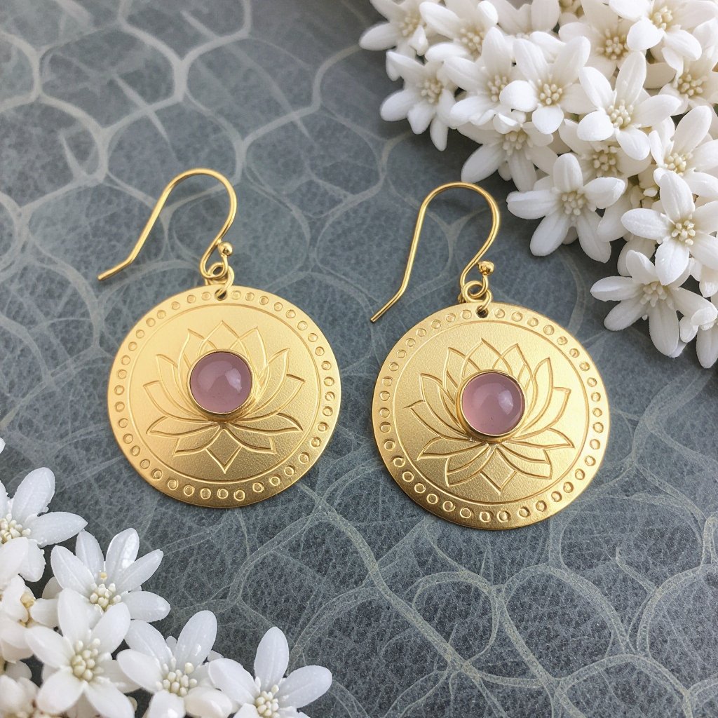 Золотые матовые серьги. Подвеска в виде круга. По окружности выпуклые маленькие точки. В центре выгравирован узор в форме лотоса. В центре лотоса маленький камень из розового кварца