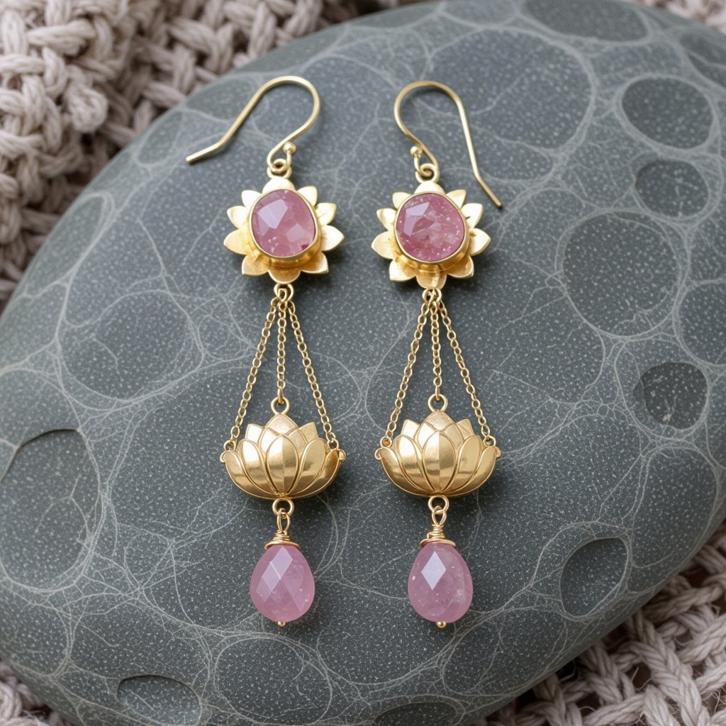 Светлое матовое золото. Серьги с лотосом на длинных цепочках. По центру лотоса неровный камень необрабаботанного розового кварца, от лотоса идет цепочка с еще одним камнем кварца на конце. Серьги тонкие и легкие