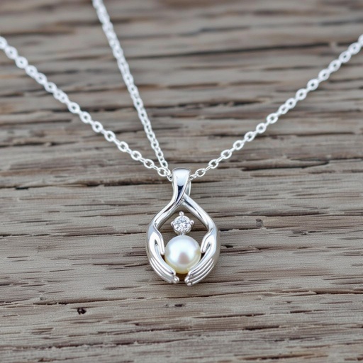 Украшение на шею серебряная цепочка с подвеской в виде двух ладоней которые держат жемчужину по центру