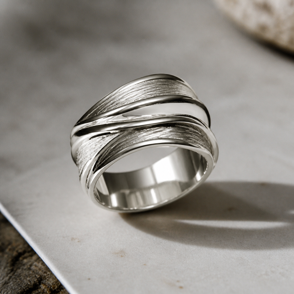 A women's ring. a silver ring with wired layering and design should be a curved in on it and design should be there on the ring and it should be avoid a designed with small small Gems on it
photorealistic jewelry design, A women's ring. a silver ring with wired layering and design should be a curved in on it and design should be there on the ring and it should be avoid a designed with small small Gems on it, modern style, just the design no text