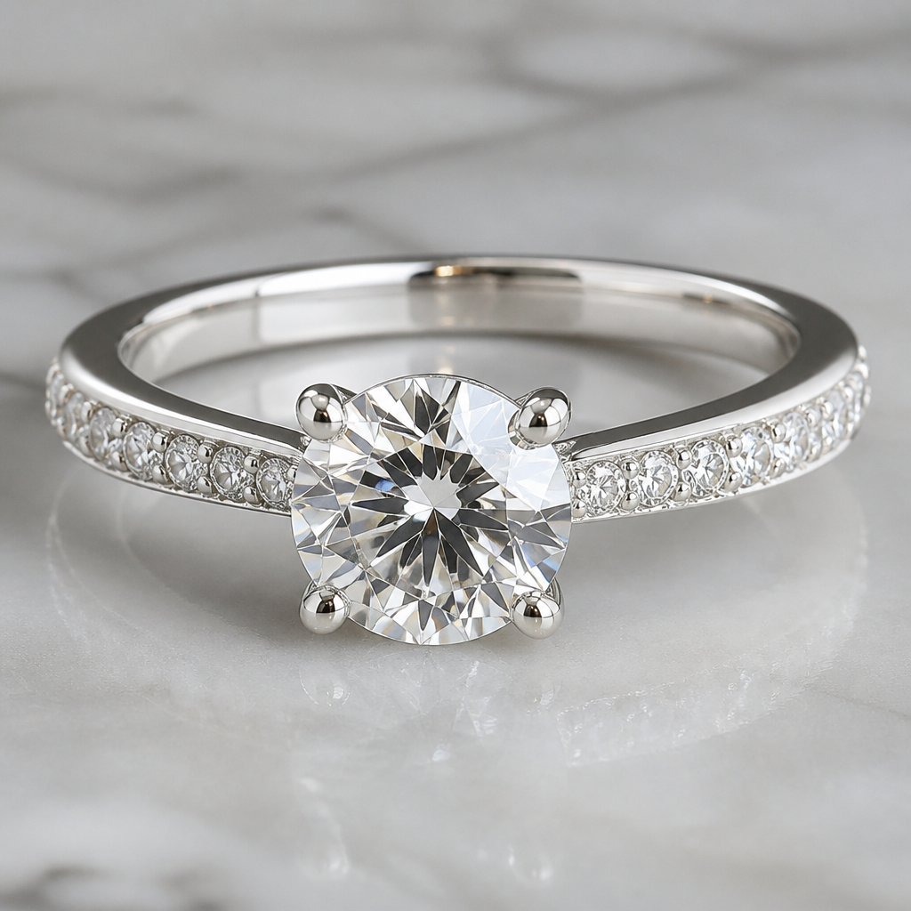 A women's ring. A beautifully crafted ring that radiates timeless elegance and sophistication. Featuring a dazzling center stone held in a secure prong setting, the design is enhanced with sparkling accent stones along the band, creating a luxurious and refined look. Its graceful silhouette and brilliant shine make it perfect for engagements, special occasions, or adding a touch of glamour to everyday wear.
photorealistic jewelry design, A women's ring. A beautifully crafted ring that radiates timeless elegance and sophistication. Featuring a dazzling center stone held in a secure prong setting, the design is enhanced with sparkling accent stones along the band, creating a luxurious and refined look. Its graceful silhouette and brilliant shine make it perfect for engagements, special occasions, or adding a touch of glamour to everyday wear., modern style, just the design no text