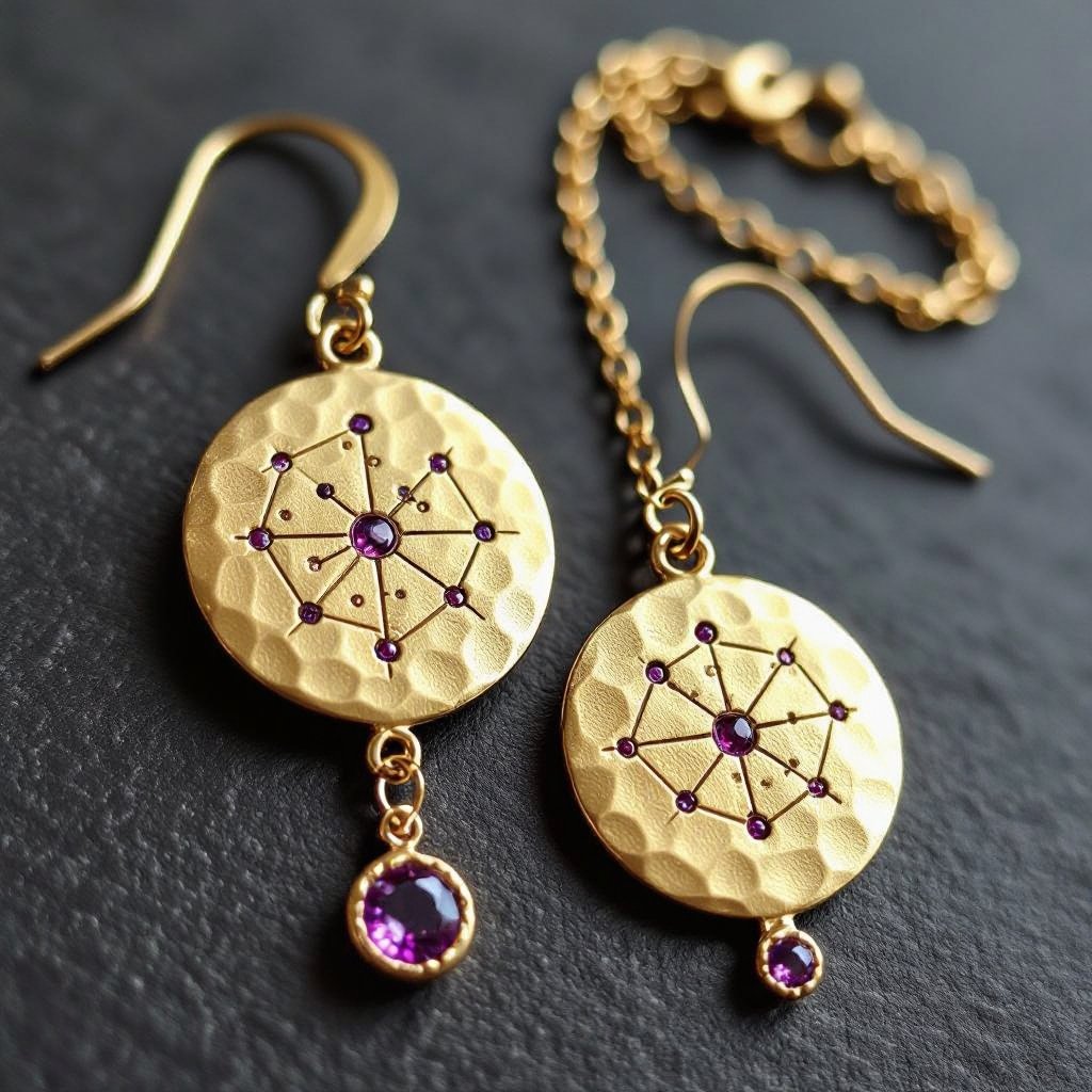 Серьги длинные на цепочках матовое золото мятое. Символ схематично созвездие. Маленькие фиолетовые камушки