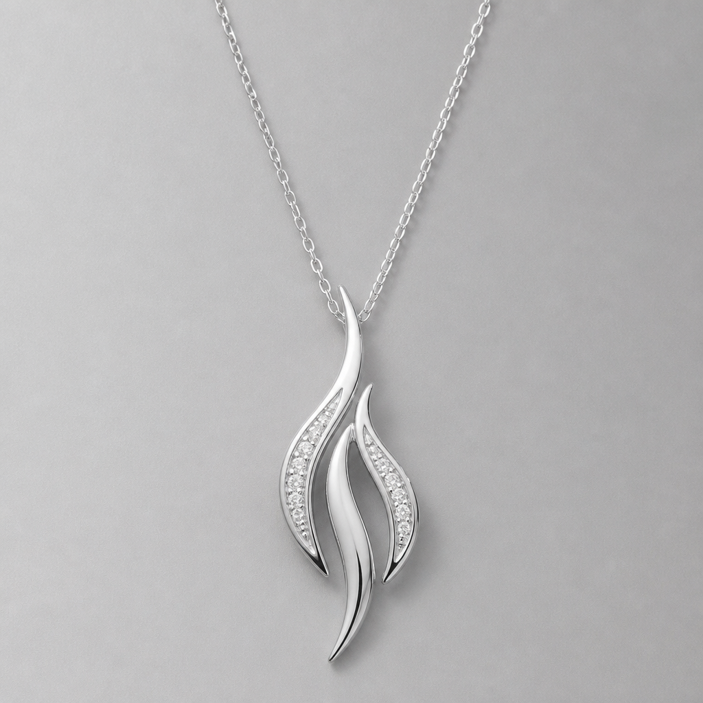 A women's necklace made of silver with diamond stones. Flamme délicate x3 metal mince
photorealistic jewelry design, A women's necklace made of silver with diamond stones. Flamme délicate x3 metal mince, modern style, just the design no text