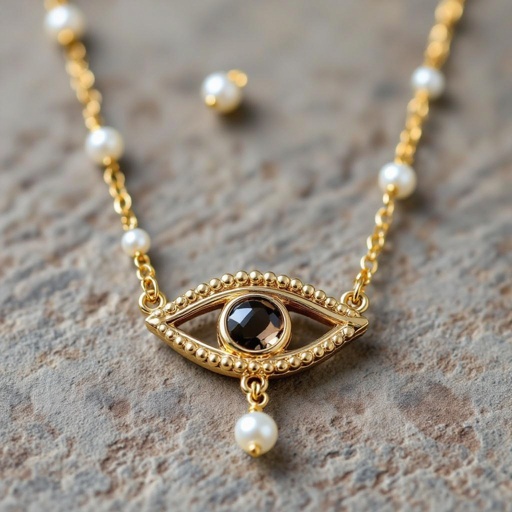 Тонкая цепочка с золотыми шариками и мелкими жемчужными камушками на цепочке есть кулон в форме глаза, зрачок глаза из раухтопаза от глаза идет маленькая подвеска с маленьким камушком 