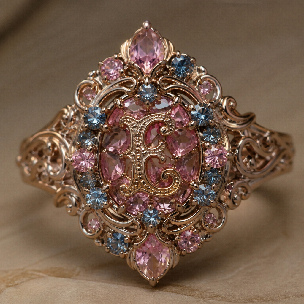 A art nouveau women's ring, highly ornate, intricate and elaborate, richly detailed. anel de 15 anos com inicial E com pedras rosa dentro com azul e rosa em volta
photorealistic jewelry design, A art nouveau women's ring, highly ornate, intricate and elaborate, richly detailed. anel de 15 anos com inicial E com pedras rosa dentro com azul e rosa em volta, art_nouveau style, just the design no text