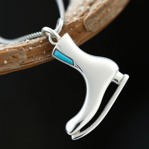 Silver Pendant shape one ice skate with turquoise stripe inside the low thin part blade