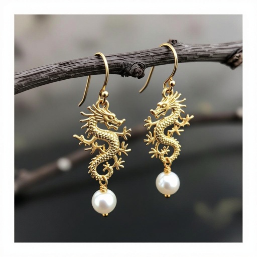 Золотые матовые серьги с изображением дракона узоры и жемчуг 