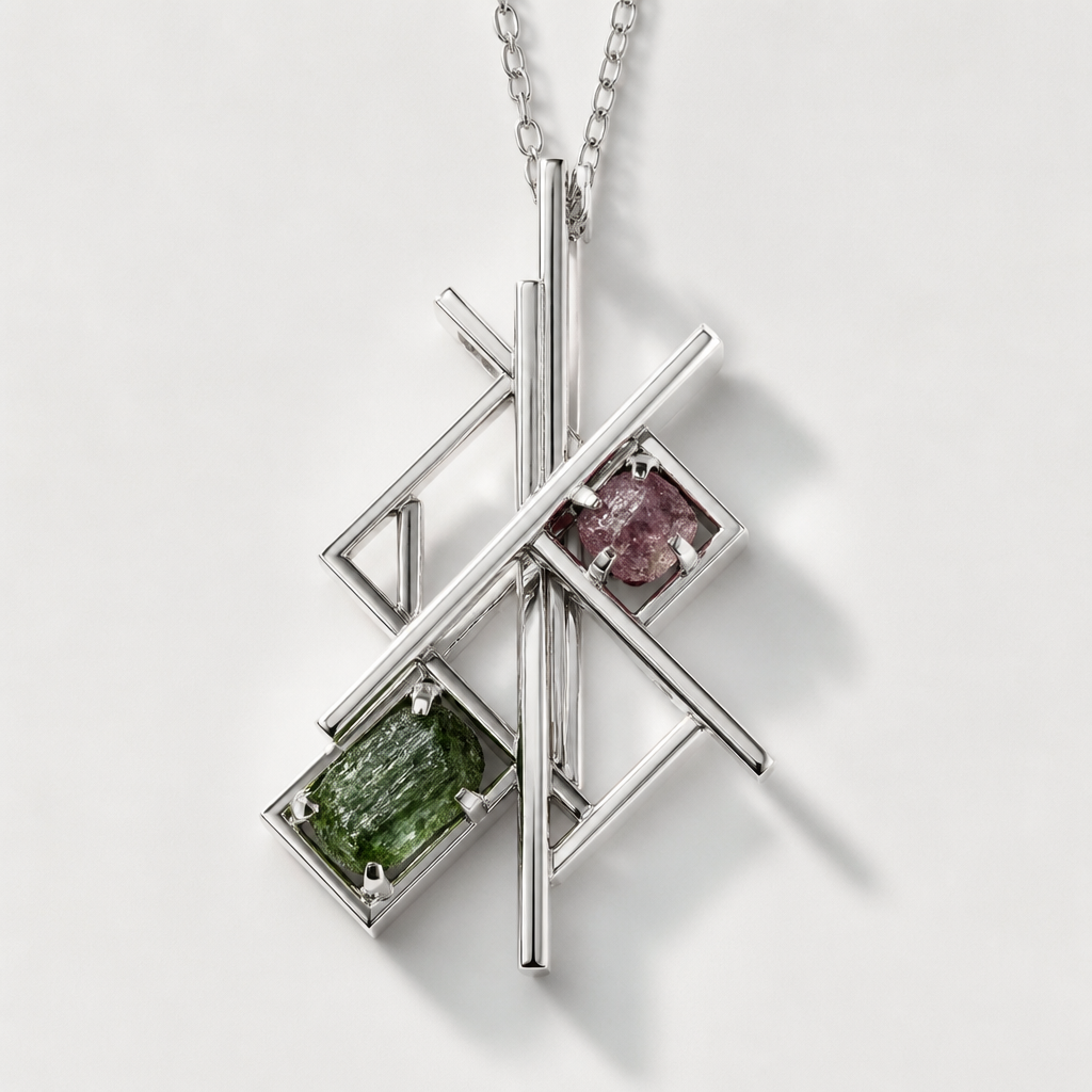 A women's pendant made of silver. Es una pieza que juega con la geometría, algunos vértices y ángulos de 45 grados, con líneas rectas que lo atraviesan, también piedras en bruto de turmalinas, verde y rosa, una en la parte inferior izquierda y la otra un poco más arriba pero a la derecha
photorealistic jewelry design, A women's pendant made of silver. Es una pieza que juega con la geometría, algunos vértices y ángulos de 45 grados, con líneas rectas que lo atraviesan, también piedras en bruto de turmalinas, verde y rosa, una en la parte inferior izquierda y la otra un poco más arriba pero a la derecha, modern style, just the design no text