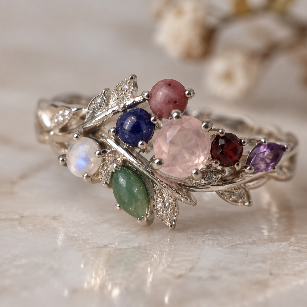 A nature-inspired women's ring made of white gold suitable for wedding. colorful wedding ring with love gems like rose quartz, rhodonite, lapis lazuli, garnet, moonstone, green aventurine, and amethyst.
photorealistic jewelry design, A nature-inspired women's ring made of white gold suitable for wedding. colorful wedding ring with love gems like rose quartz, rhodonite, lapis lazuli, garnet, moonstone, green aventurine, and amethyst., nature_inspired style, just the design no text