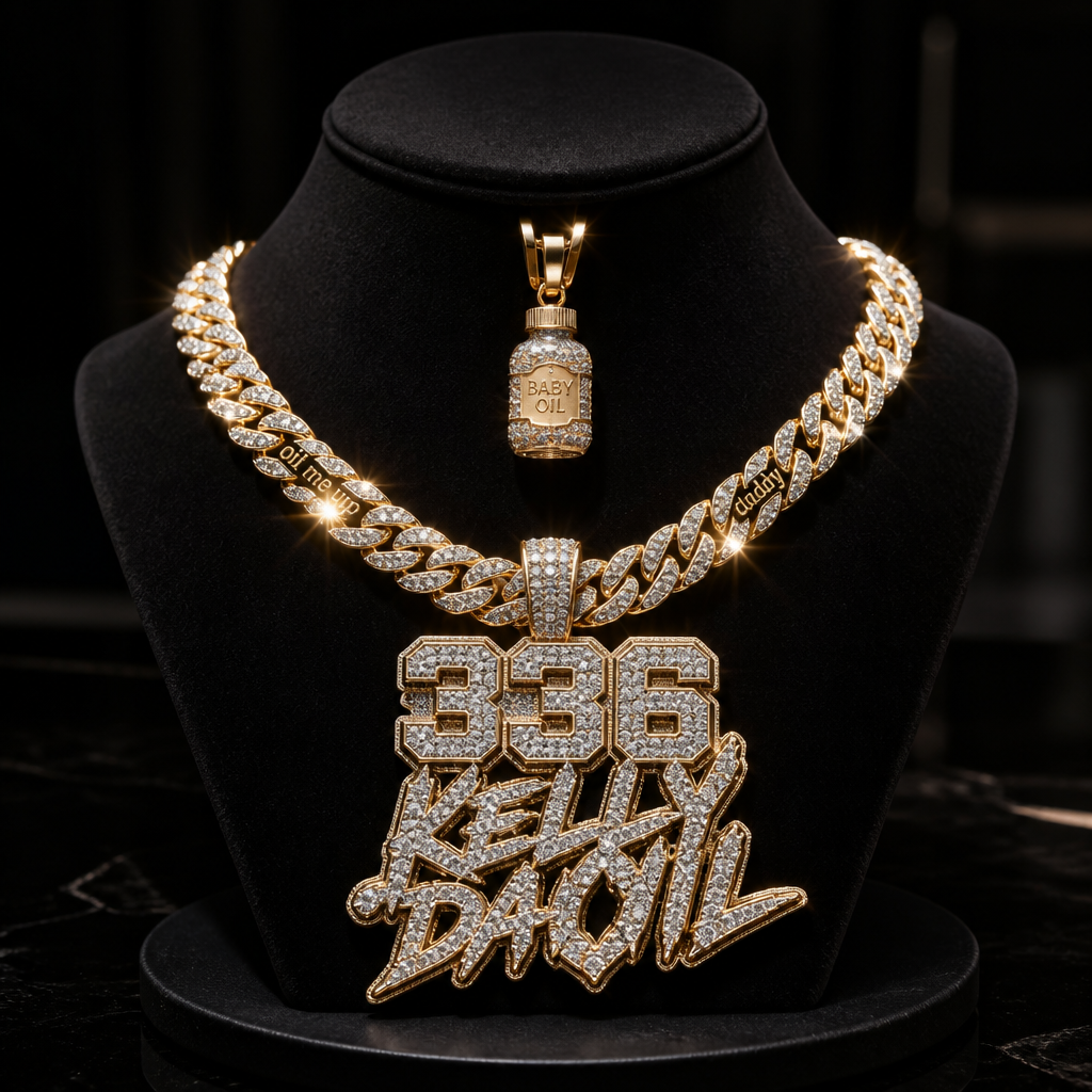 A men's necklace made of gold with diamond stones. create a gangster rapper necklace made of diamonds and gold with the words "336 Kelly Da Oil" on it, make it on a custom chain stand with lots of detail such as lighting and the diamonds shining, make it extremely realistic, add tiny words written in gold on the side of the chain saying "oil me up daddy" and add a tiny bottle of baby oil in diamonds and gold hanging from the back as the hook to connect the chain,
photorealistic jewelry design, A men's necklace made of gold with diamond stones. create a gangster rapper necklace made of diamonds and gold with the words "336 Kelly Da Oil" on it, make it on a custom chain stand with lots of detail such as lighting and the diamonds shining, make it extremely realistic, add tiny words written in gold on the side of the chain saying "oil me up daddy" and add a tiny bottle of baby oil in diamonds and gold hanging from the back as the hook to connect the chain,, modern style, just the design no text