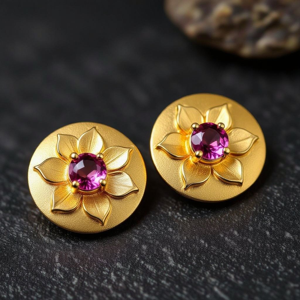 Gold-colored matte ring earrings. Diameter 1 cm. A flat lotus pendant with 6 petals. Pink quartz in the center of the lotus