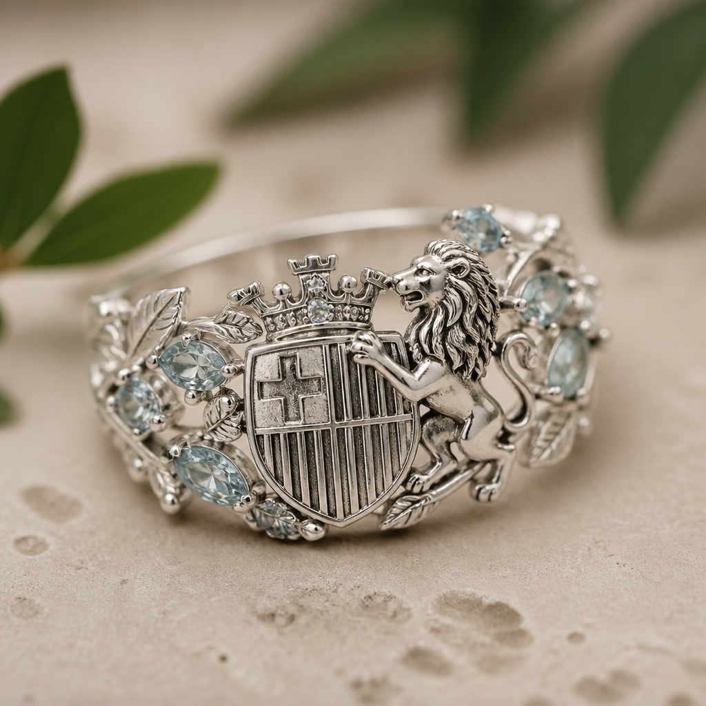A nature women's ring made of silver with aquamarine stones suitable for daily wear. escudo de Barcelona de España y un león
photorealistic jewelry design, A nature women's ring made of silver with aquamarine stones suitable for daily wear. escudo de Barcelona de España y un león, nature_inspired style, just the design no text