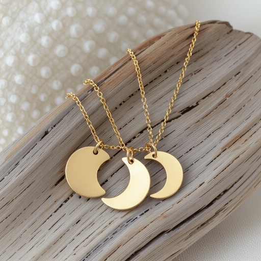 Подвеска из трех полумесяцев из матового неровного светлого золота соединенных цепочкой сверху самый широкий полукруг дальше средний и снизу самый маленький