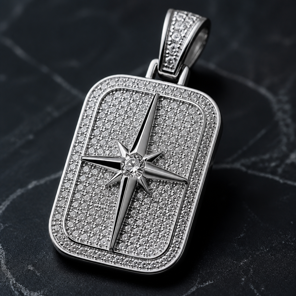 A luxury men's pendant made of silver with diamond stones suitable for daily wear
photorealistic jewelry design, A luxury men's pendant made of silver with diamond stones suitable for daily wear, luxury style, just the design no text