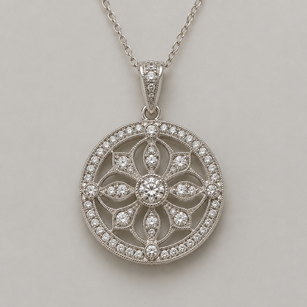 A vintage women's pendant made of white gold with diamond stones suitable for daily wear. cost 300$, circle design,
photorealistic jewelry design, A vintage women's pendant made of white gold with diamond stones suitable for daily wear. cost 300$, circle design,, vintage style, just the design no text