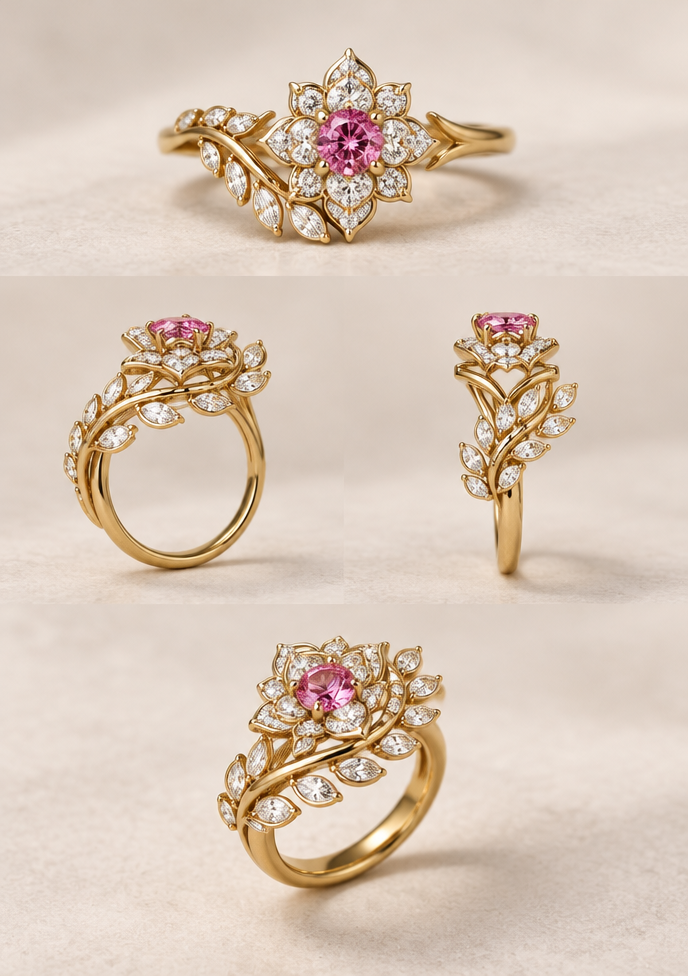 Sketch to design: with gold, center pink sapphire and diamonds
Turn this jewelry sketch into a photorealistic photograph of the finished piece, professionally lit on a clean display surface. Stay faithful to the sketch's design, proportions and details. No text, no annotations, just the finished jewelry photograph. Metal, stones and finish directions: with gold, center pink sapphire and diamonds.