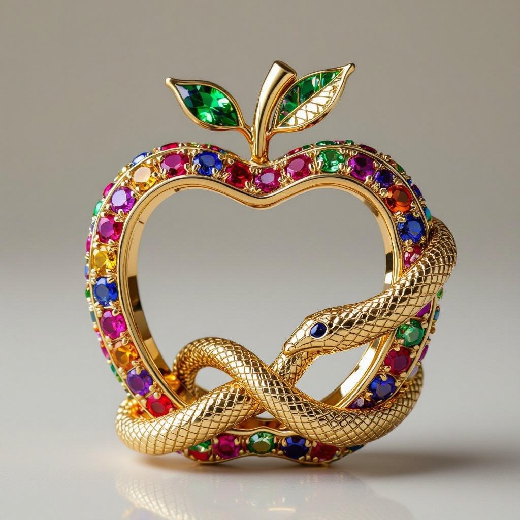 An apple frame climbed by a serpant from gold and designed with colorful gems