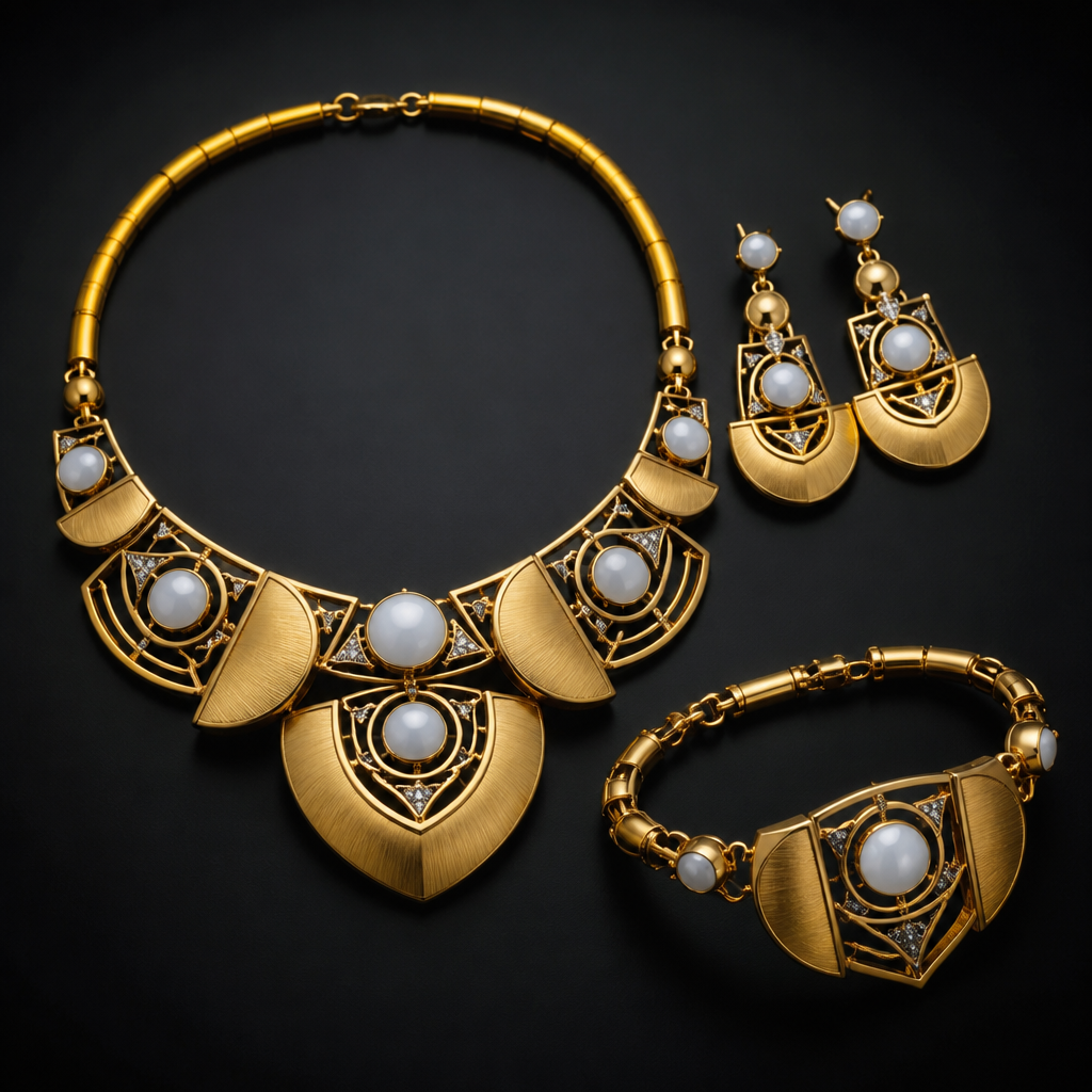 Prompt: Full jewelry suite made of authentic 21 karat gold. The set consists of a necklace, earrings, and a bracelet. Creative design blending semicircular gold plates with hollow geometric frames. Adorned with polished white agate and small sparkling white stones. High detail, luxury jewelry design, cinematic lighting, sharp focus on the textures of gold and white stones, isolated on a dark luxury background.
photorealistic jewelry design, Prompt: Full jewelry suite made of authentic 21 karat gold. The set consists of a necklace, earrings, and a bracelet. Creative design blending semicircular gold plates with hollow geometric frames. Adorned with polished white agate and small sparkling white stones. High detail, luxury jewelry design, cinematic lighting, sharp focus on the textures of gold and white stones, isolated on a dark luxury background., african style, just the design no text