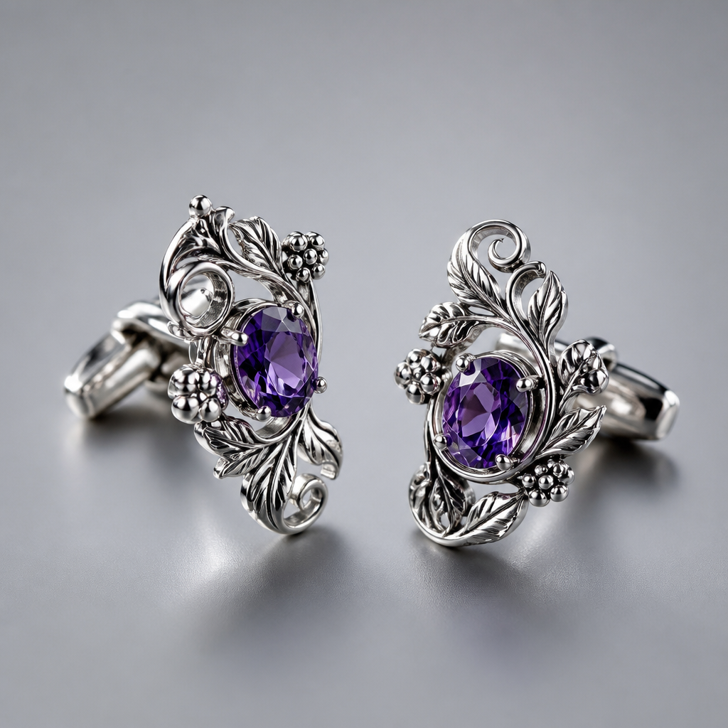 A nature-inspired women's cufflinks made of silver with amethyst stones suitable for daily wear, highly ornate, intricate and elaborate, richly detailed. delicado y sencillo
photorealistic jewelry design, A nature-inspired women's cufflinks made of silver with amethyst stones suitable for daily wear, highly ornate, intricate and elaborate, richly detailed. delicado y sencillo, nature_inspired style, just the design no text