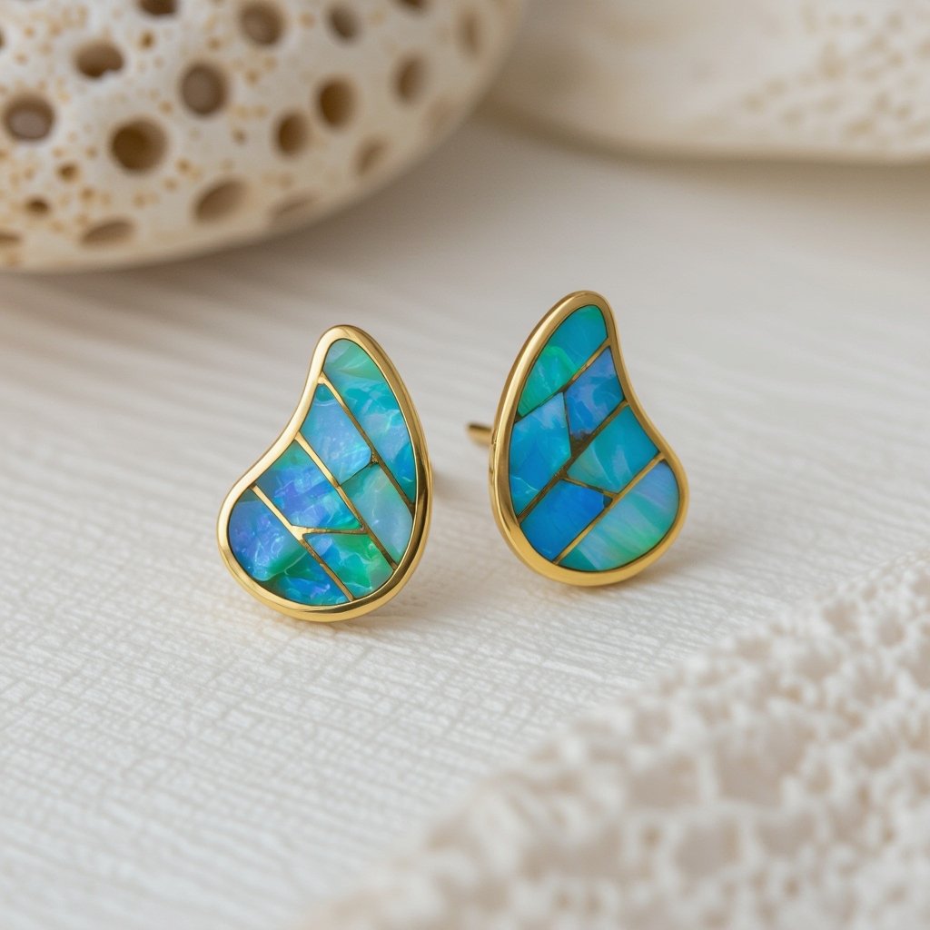 Серьги золотые в виде бирюзового с переливами половины крыла бабочки из перламутра 
