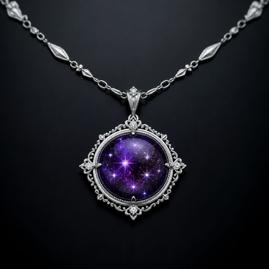A victorian women's necklace made of platinum suitable for engagement. канал должна быть чёрным кулон Клон с чёрным и у неё форма можно круглым должна быть фиолетовым и с блёстками красивыми и Добавь ещё звёздочки внутри и всё больше ничего не надо
photorealistic jewelry design, A victorian women's necklace made of platinum suitable for engagement. канал должна быть чёрным кулон Клон с чёрным и у неё форма можно круглым должна быть фиолетовым и с блёстками красивыми и Добавь ещё звёздочки внутри и всё больше ничего не надо, victorian style, just the design no text
